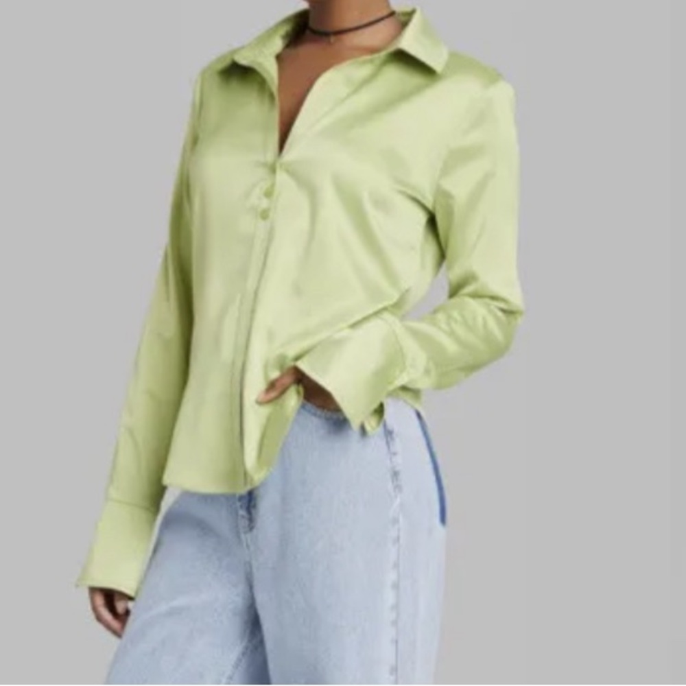 wild fable Light Green Satin Button-Down Shirt